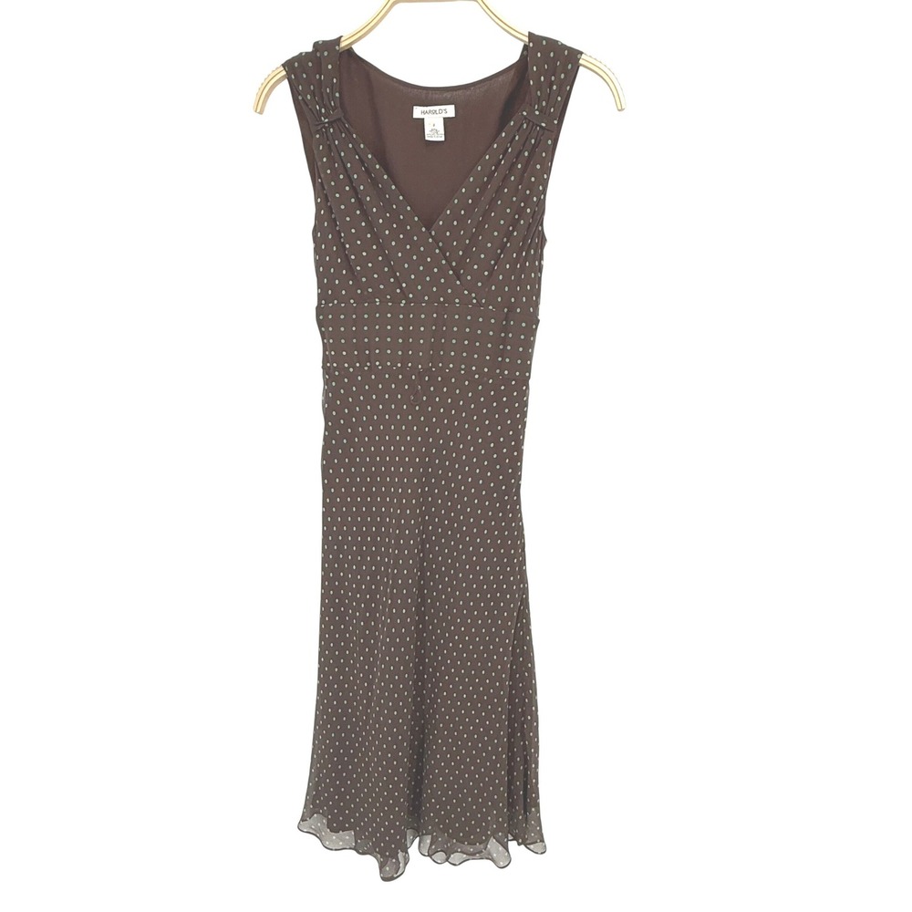 Harold's Silk Polka Dot Dress Womens 2 Brown Mint Green V-Neck Tie‎ Waist